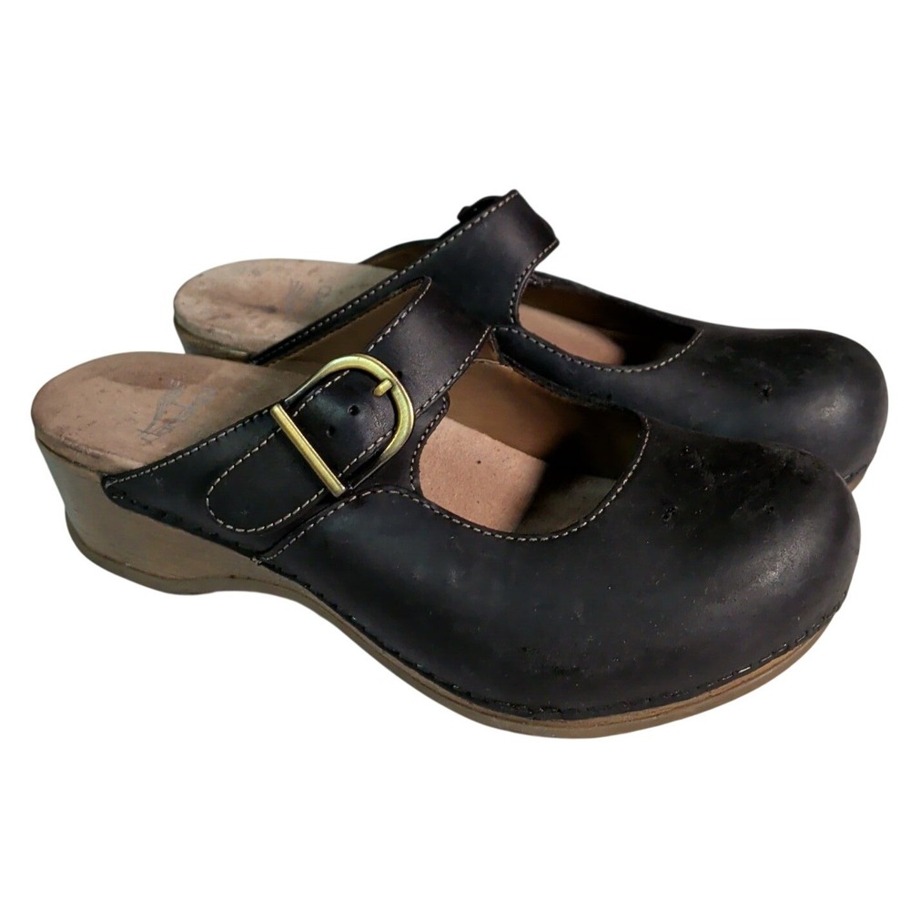 Dansko Martina Clogs Womens Size 7.5 Black Oiled Leather Mary Jane Mule Shoes